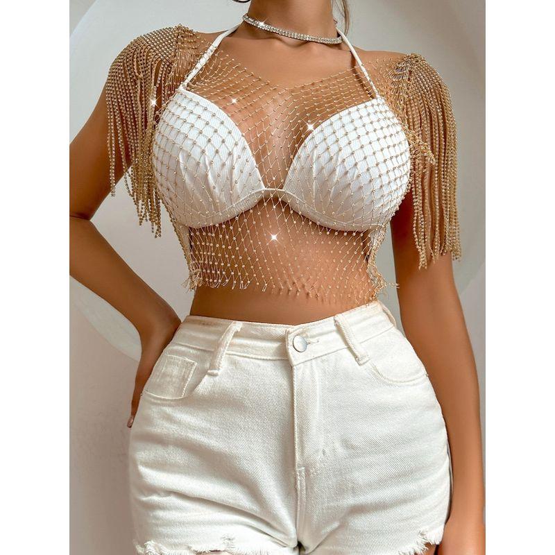 Rhinestone Sexy Fishnet Tops Fashion Summer Amazon Rhinestone Women's Tassel Tippet V Neck T-shirt Shiny