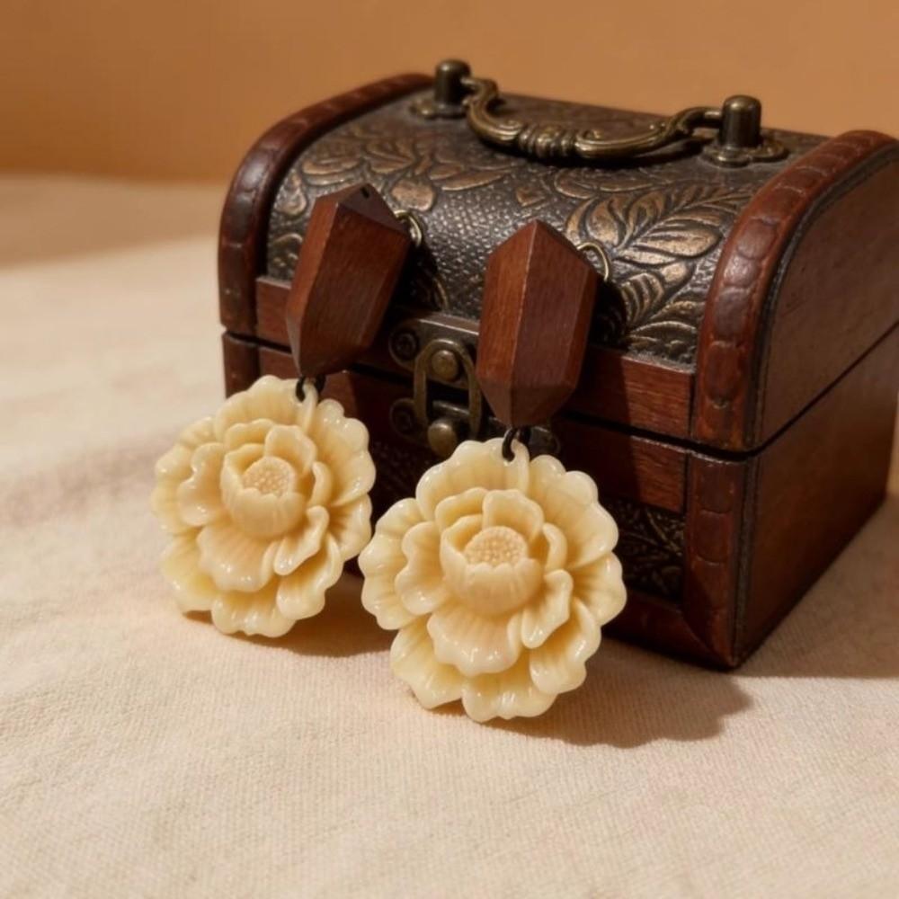 Wood Resin Rose Flower Earrings Personality Earrings Trend Pendant Earrings for Women