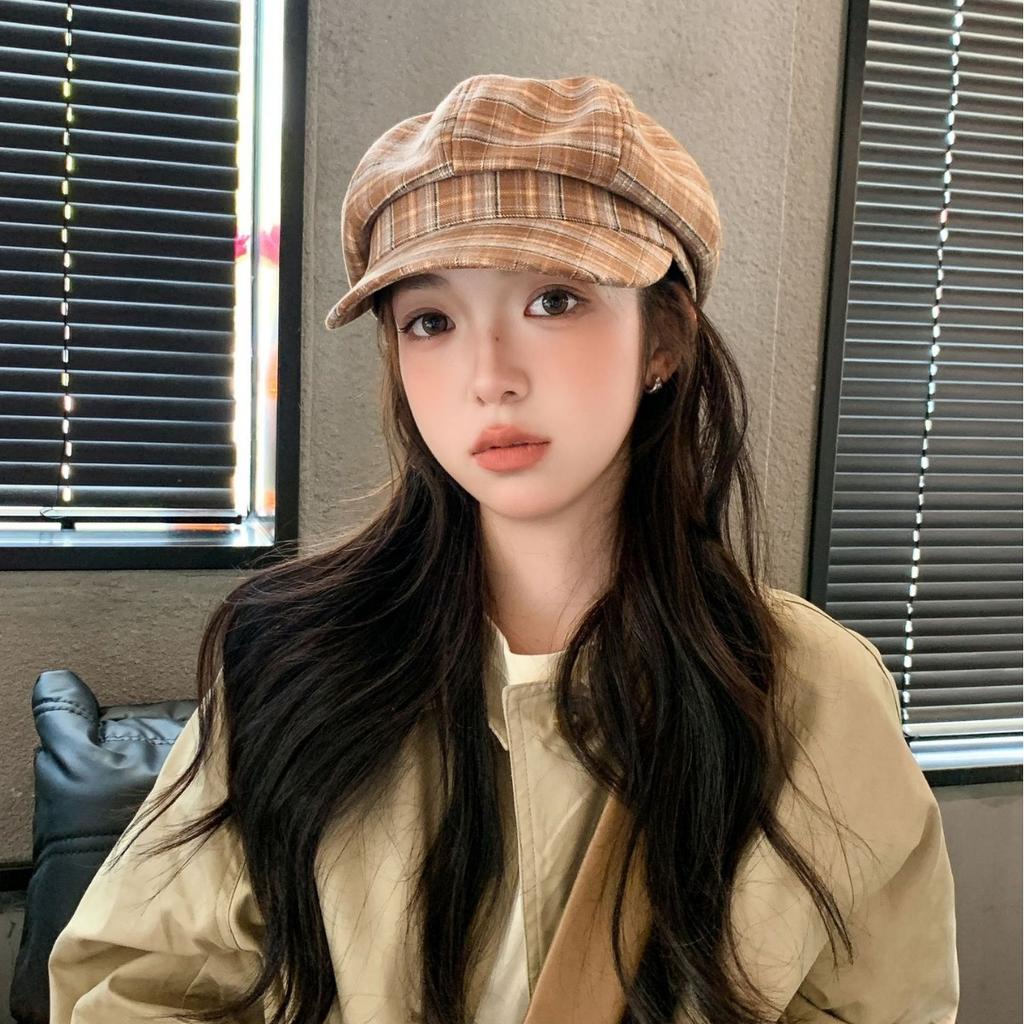 Retro new plaid octagonal hat children spring and autumn versatile fashion temperament thin face little painter hat