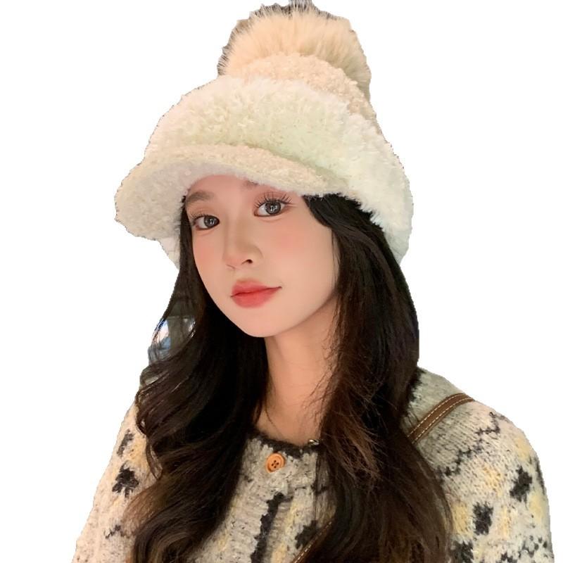 Versatile Color Blocked Coral Velvet Warm Baseball Cap Korean Big Head Surround Hat Outdoor Cold Proof Hat Women's Style