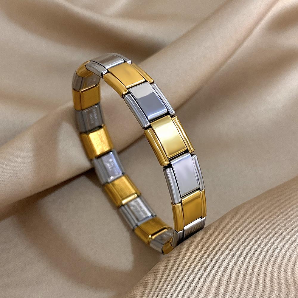 Italian Charm Starter Stainless Steel Bracelet For Women Men Stretchy Watchband Modular Links Chain Gold Color Bangle Wristband