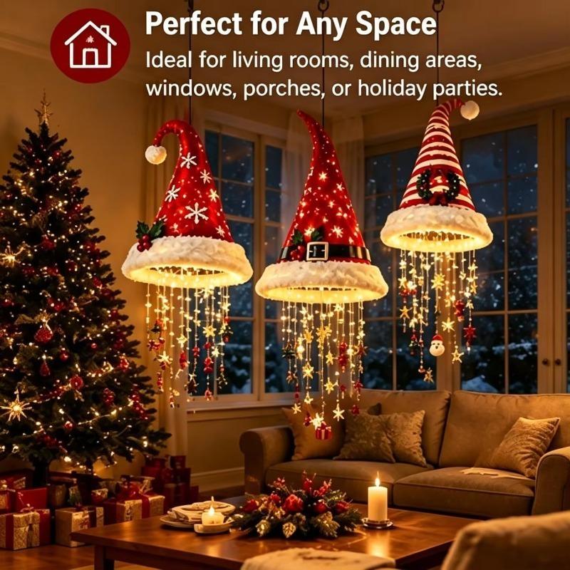 LED Santa Hat Hanging Light Christmas Hat Pendant Lamp with Tassel Bell Star Ornaments Xmas New Year Party Decoration Light