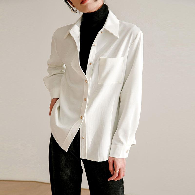 Winter White Long-sleeved Shirt for Women Loose and High-end Temperament Corduroy Commuting Polo Collar Versatile Shirt