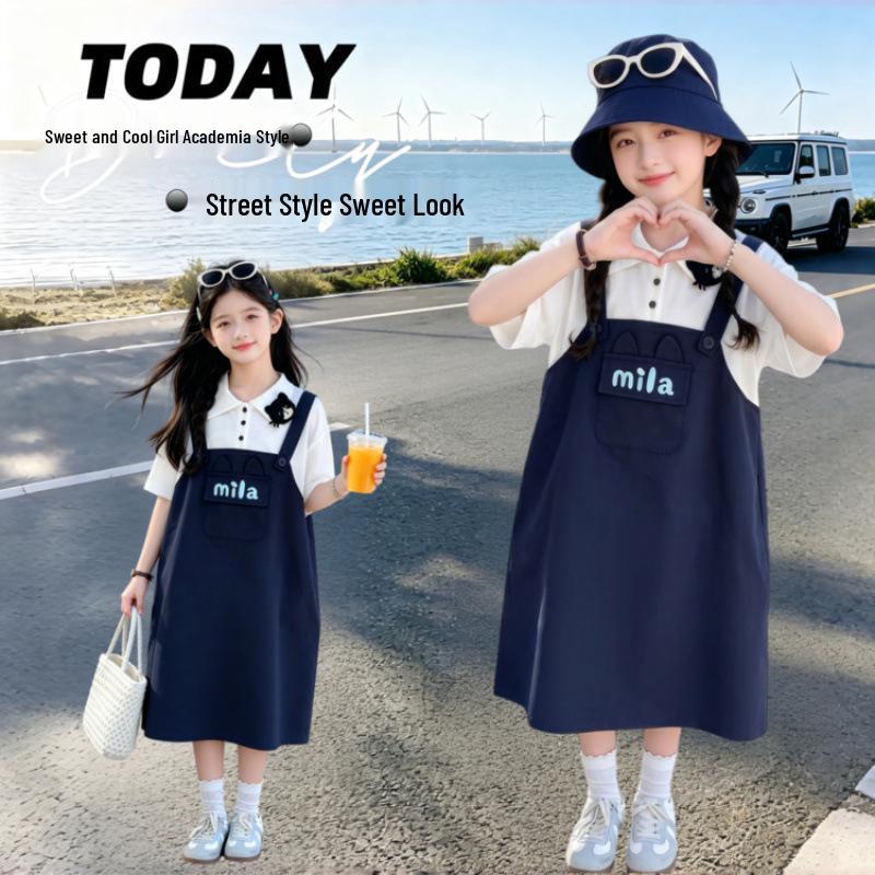 Girls' Summer 2026 Korean Style Letter Print Two-Piece Look Strap Dress - Stylish & Long