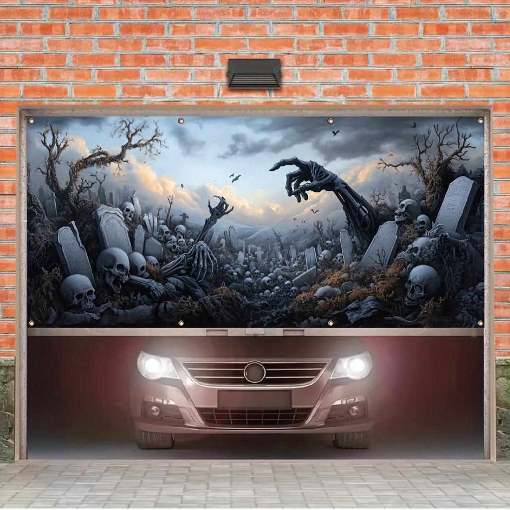 2D door cover 1 piece, Halloween garage door Decoration - Ghost graveyard and skeleton scene with bats, party background