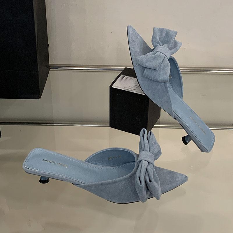 Fashion Fashion Butterfly-Knot Women Low Heel Slippers Shoes Female Slides Sandals Pointed Toe Footwear Ladies Heeled Slippers Shoes