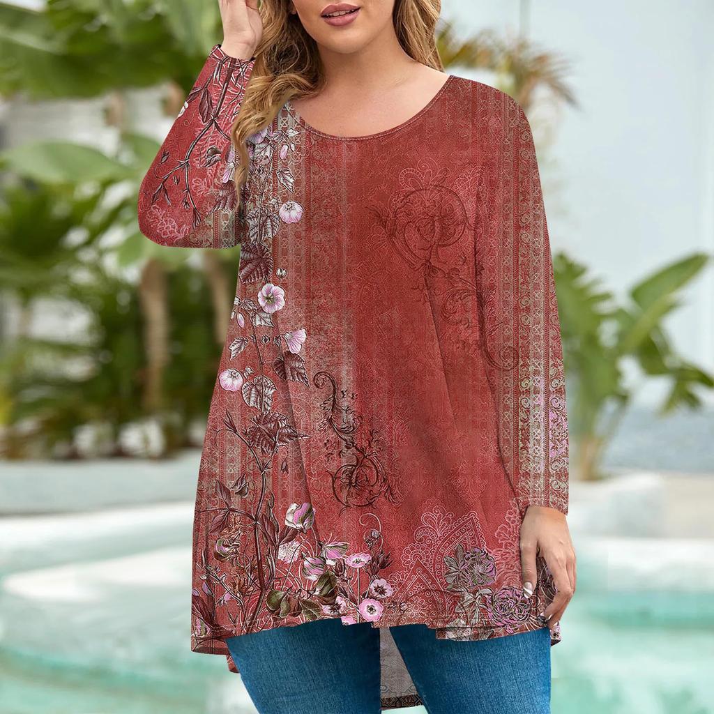 Damenmode Große Größe Rundhals Langarm Casual Print Lose Pullover Top