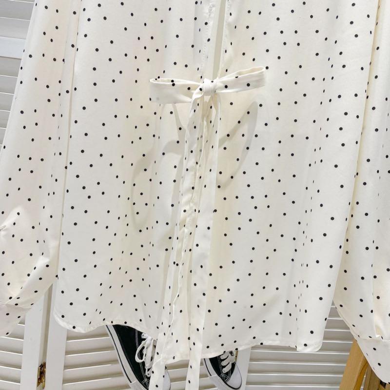 Women Loose Polka Dot Long Sleeve Lace Up Casual Sunscreen Shirt Blouse