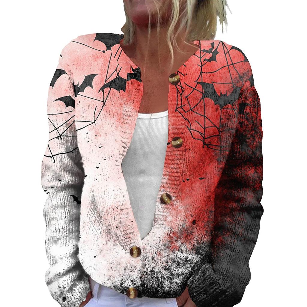 Women's Fashion Printed Long Sleeve Knitted Cardigan Button Down Jacket