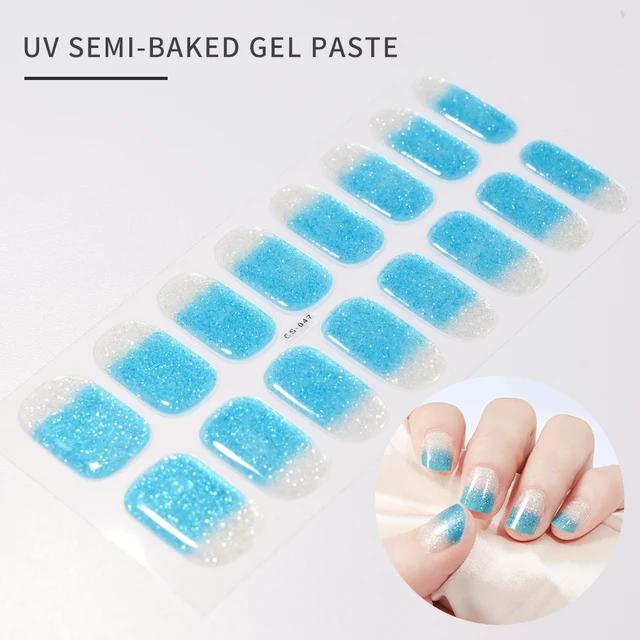 16Tips UV Semi-Cured Gel Nail Art Stickers Combo Pack Glitter High-Gloss Water-Proof Polish Wraps Full Cover Manicure Nails