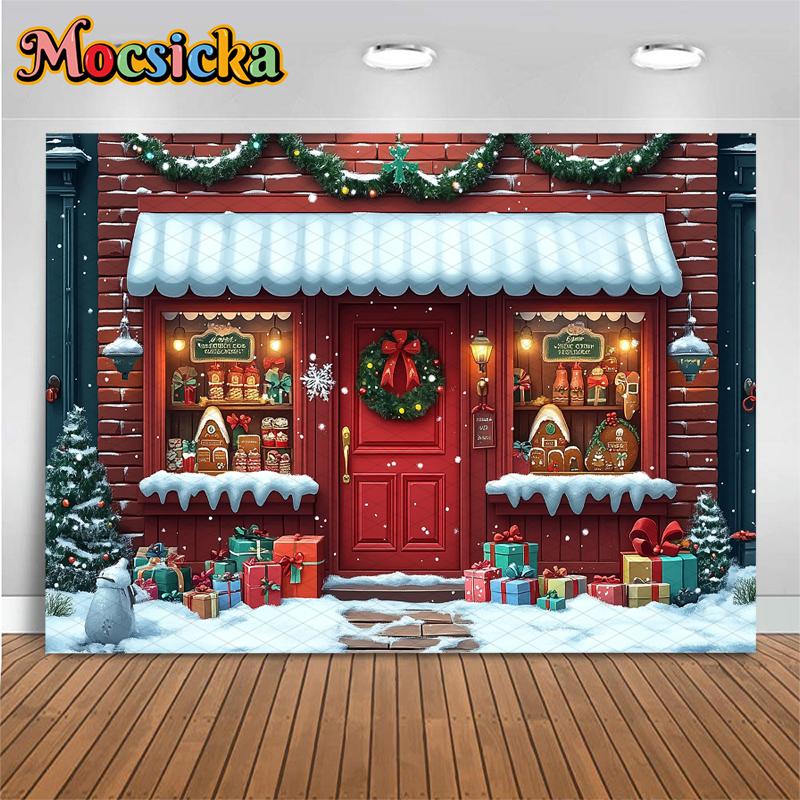 Mocsicka Christmas House Backdrop Winter Snow New Year Party Wallpaper Tree Gift Shop Decoration Festival Photography Background