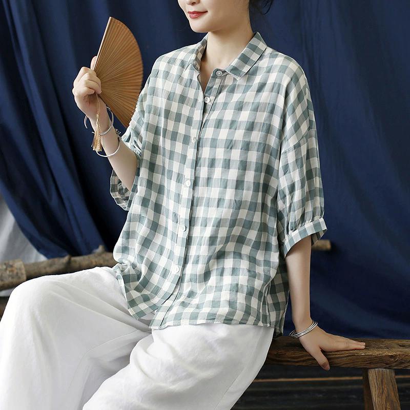 Johnature Women Plaid Shirts Tops Casual Half Sleeve Turn-down Collar Blouses Autumn Loose Shirts