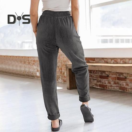 Women Corduroy Pants High Waist Baggy Drawstring Elastic Waist Casual Trousers Loose Fit Straight Leg Pockets Work Pants