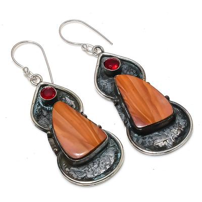 Natural Mookaite, Garnet Gemstone 925 Sterling Silver Earring 2.48" Y0a92