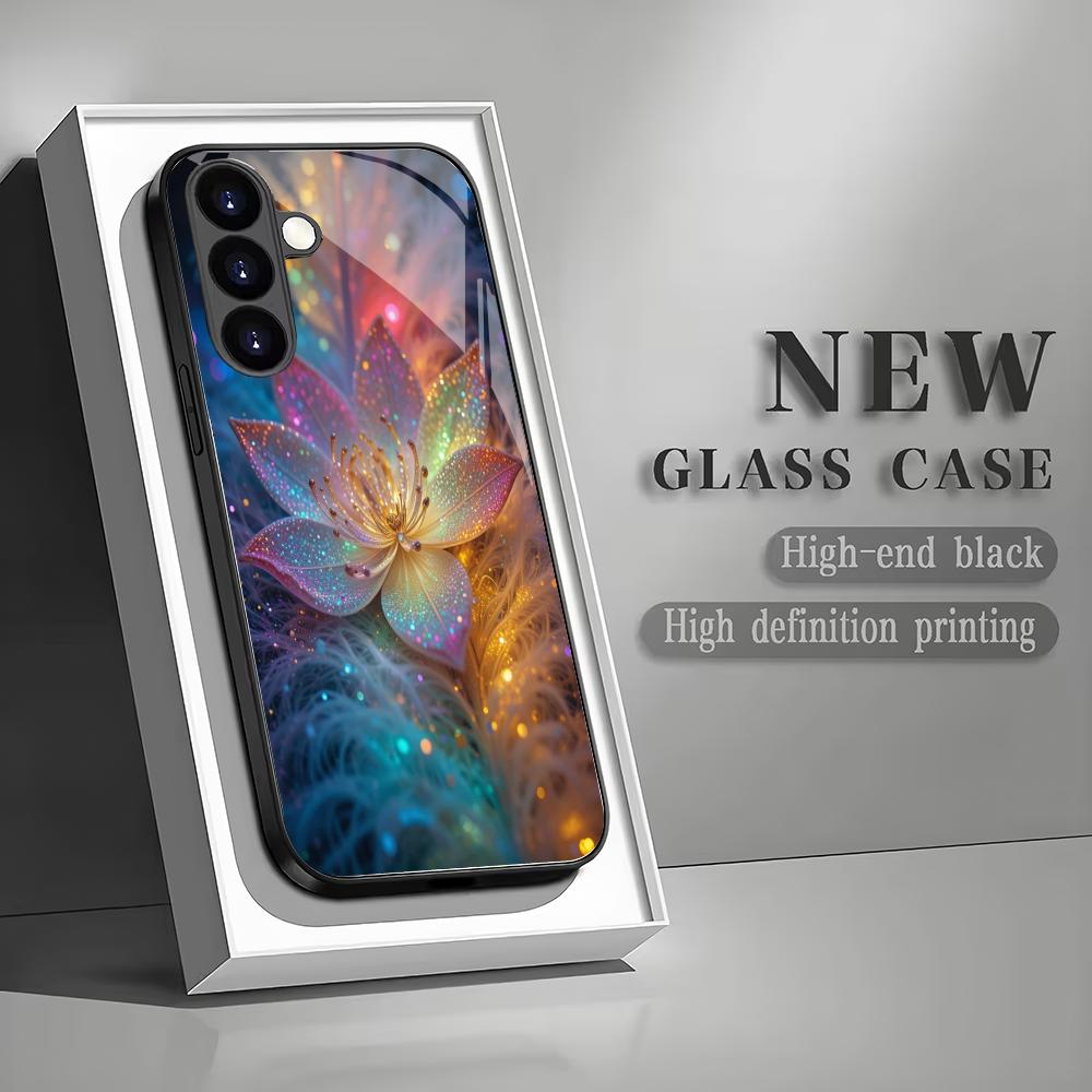 Colorful lotus pattern glass phone case suitable for Samsung Galaxy S26 S25 S24 S23 S22 S20 FE/Ultra/Plus shockproof back cover