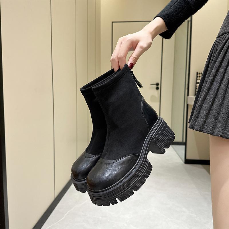 2025 autumn new retro British Martin boots women's Korean version thick-soled thick-heeled short boots elastic thin boots women