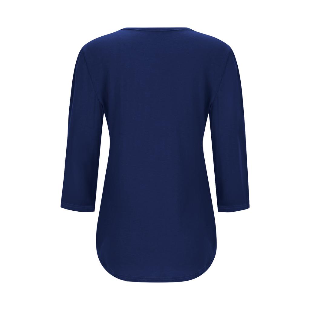 Modisches lässiges Damen-T-Shirt-Oberteil mit Rundhalsausschnitt, Falten und Sieben-Viertel-Ärmeln in Farbe