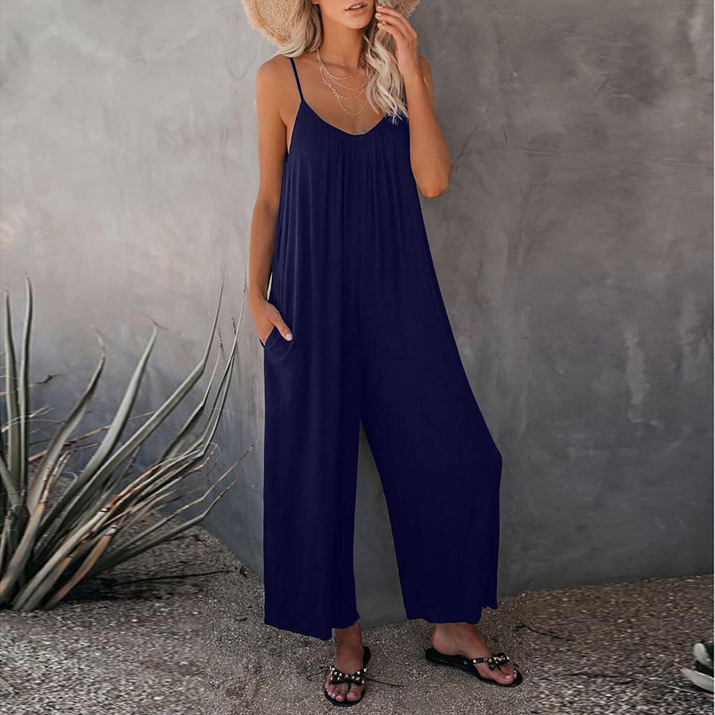Women's Solid Color Sling Jumpsuit with Patch Pockets - Casual Summer 2025