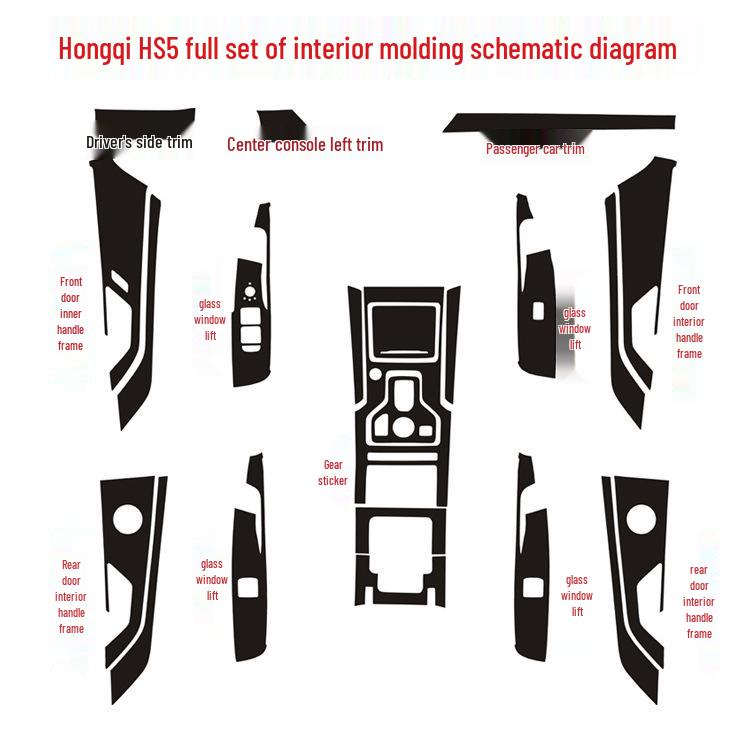 FAW Hongqi HS5 Carbon Fiber Interior Stickers: Gear Shift, Center Console Trim, and Door Frame Wrap.