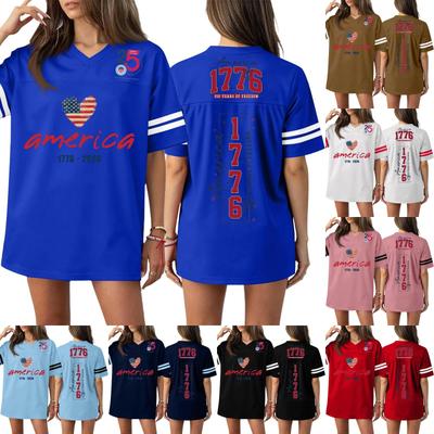Women's Casual Fashion V-Neck Sports Independence Day Print Short Sleeve Sports T-Shirt Top