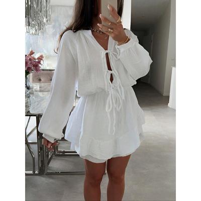 European and American Summer Women's Clothing New Fashion Solid Color Lace-up Cardigan Round Neck Lantern Sleeve High Waist Dress Short Skirt