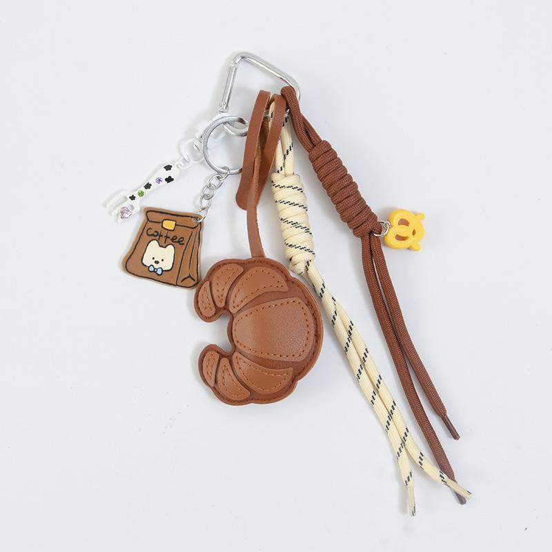 Trendy Croissant Woven Rope Keychain Creative Versatile Keyring Bag Pendant Y2K Vintage Pu Leather Key Hanging Decoration Gifts