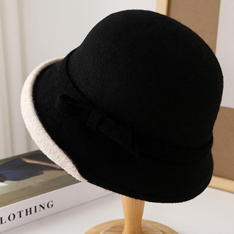 Autumn and Winter New Simple Bow Wool Woolen Basin Hat Retro Versatile Bucket Hat Warm and Windproof Personality Shows Small Face