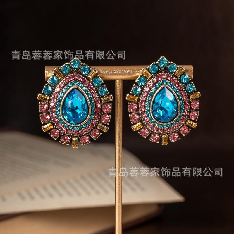 Средневековые Винтажные Западные Ретро Серьги С Геометрическим Характером Круглые Инкрустированные Цветные Украшения Французский Дизайн синий