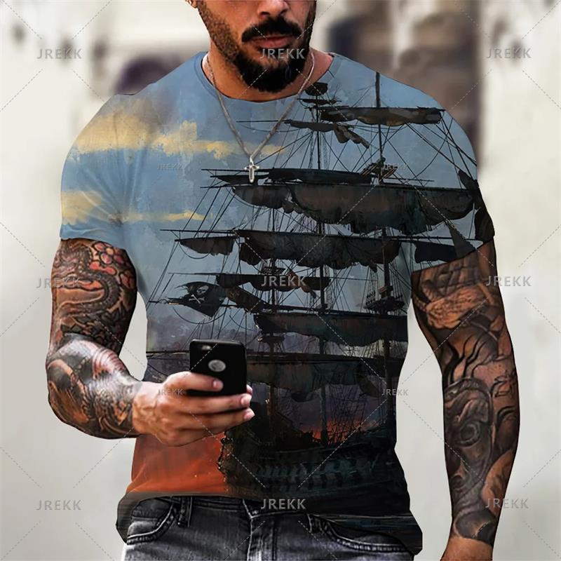 Vintage Men's Graphic T Shirts 3D Printing Pirate Ship Crew Neck Short Sleeve T-shirt For Men Oversized Clothing Homme Camiseta