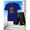 Trendy and Cool Patchwork Bear Cartoon Print T-shirt + Loose Drawstring Shorts Summer Personalized Artistic Style Daily Wear Set
