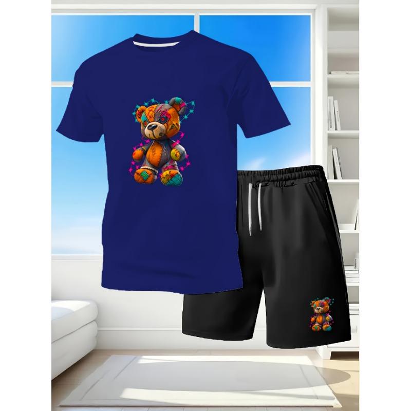 Trendy and cool patchwork bear cartoon print T-shirt + loose drawstring shorts summer personalized artistic style daily wear set S