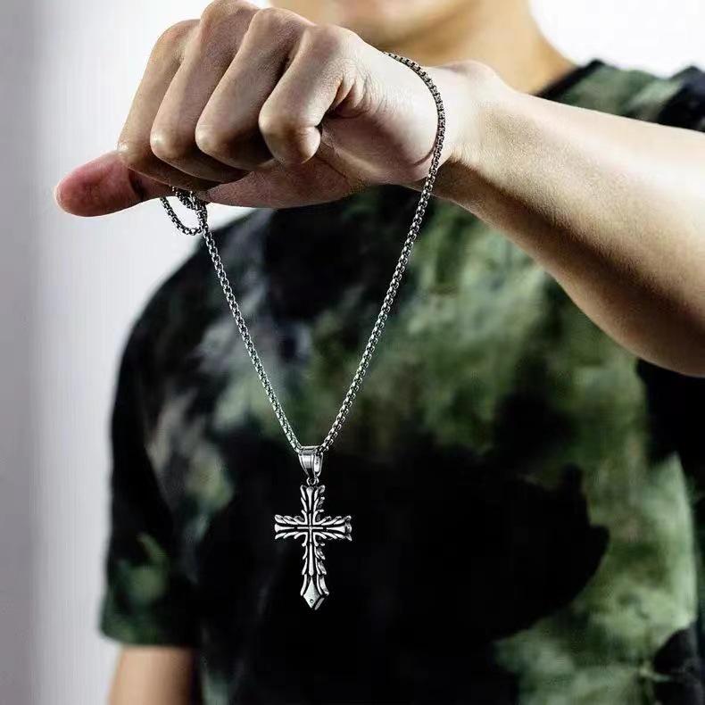 Retro European-American Unisex Cross Pendant Necklace - High-End Hip-Hop Style Sweater Chain