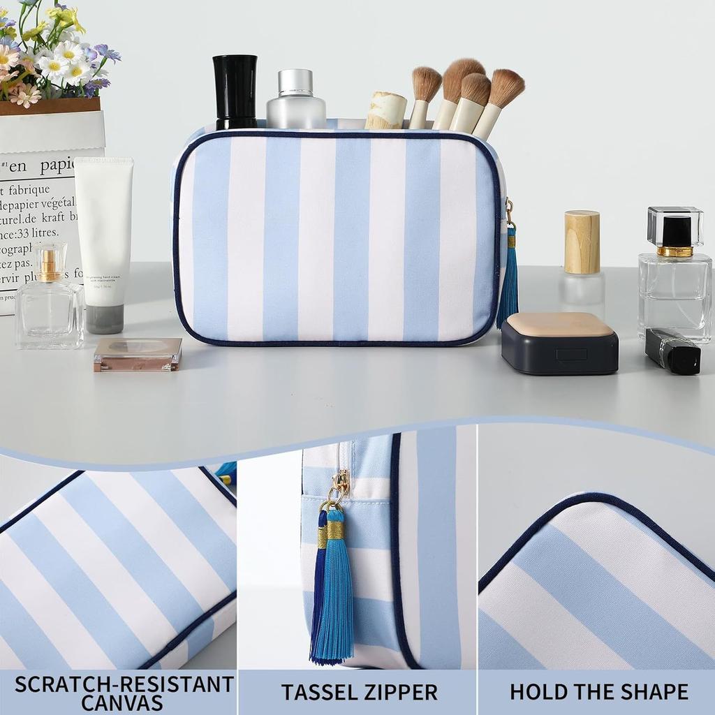 Large Striped Portable Cosmetic Bag For Women Tassel Zipper Makeup Bag Large Capacity Pouch Bags Casual Tote with Zipper Closure