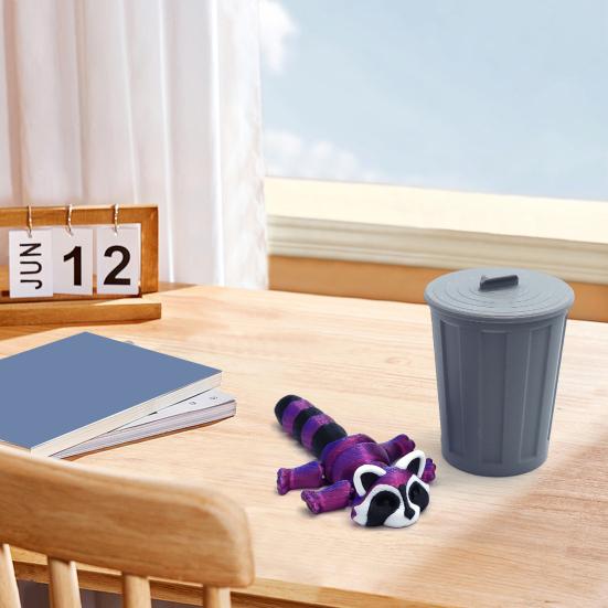 3D Printed Raccoon Figurine Movable Joints Raccoon Fidget Toy Trash Can with Articulated Raccoon Inside Desktop Decoration Ornament