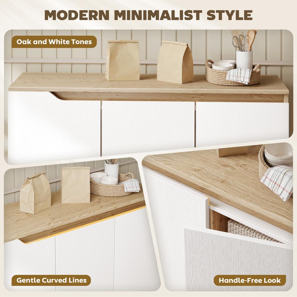 Sideboard Storage Cabinet, Kitchen Cupboard with 3 Doors, 2 Adjustable Shelves and 5 Rubberwood Legs, White and Oak