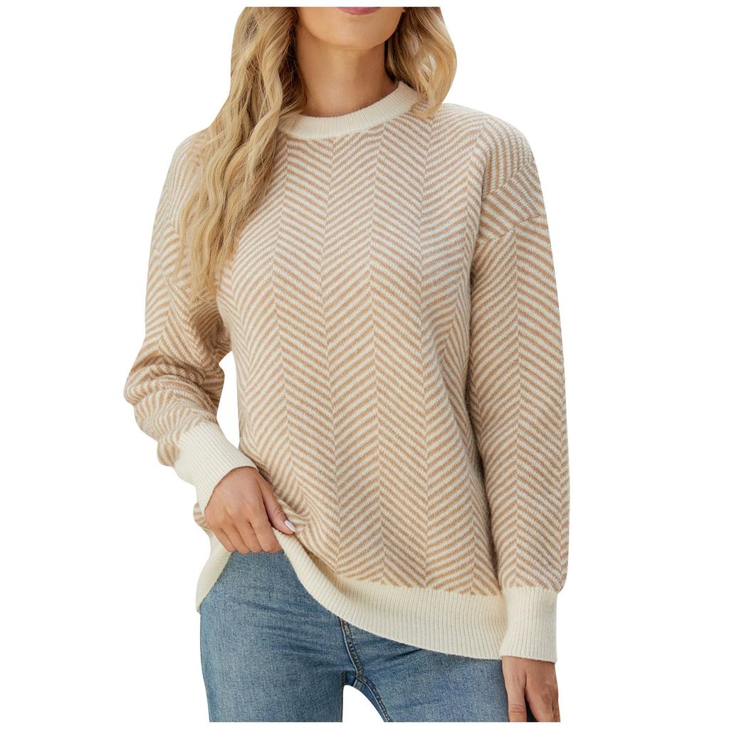 Women's  And Winter Splicing Knit Sweater Round Neck Long Sleeve Striped Sweater