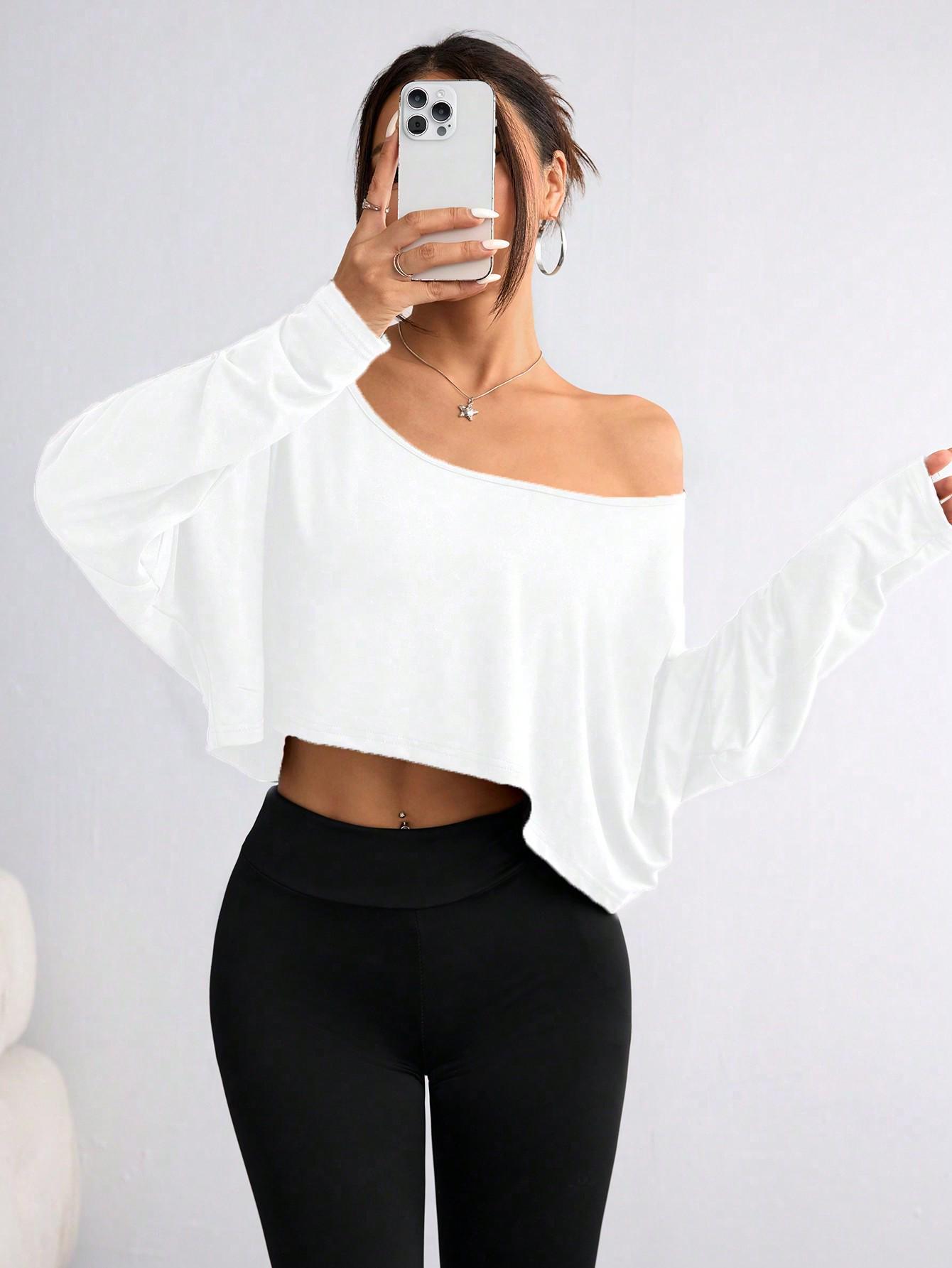 

Spring Solid Color One-Shoulder Long Sleeve Crop Top - Women s European & American Style XXL белый