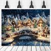 One huge winter village Christmas banner - Snowy night scene, glowing houses, sleds and snowmen - Christmas background cloth