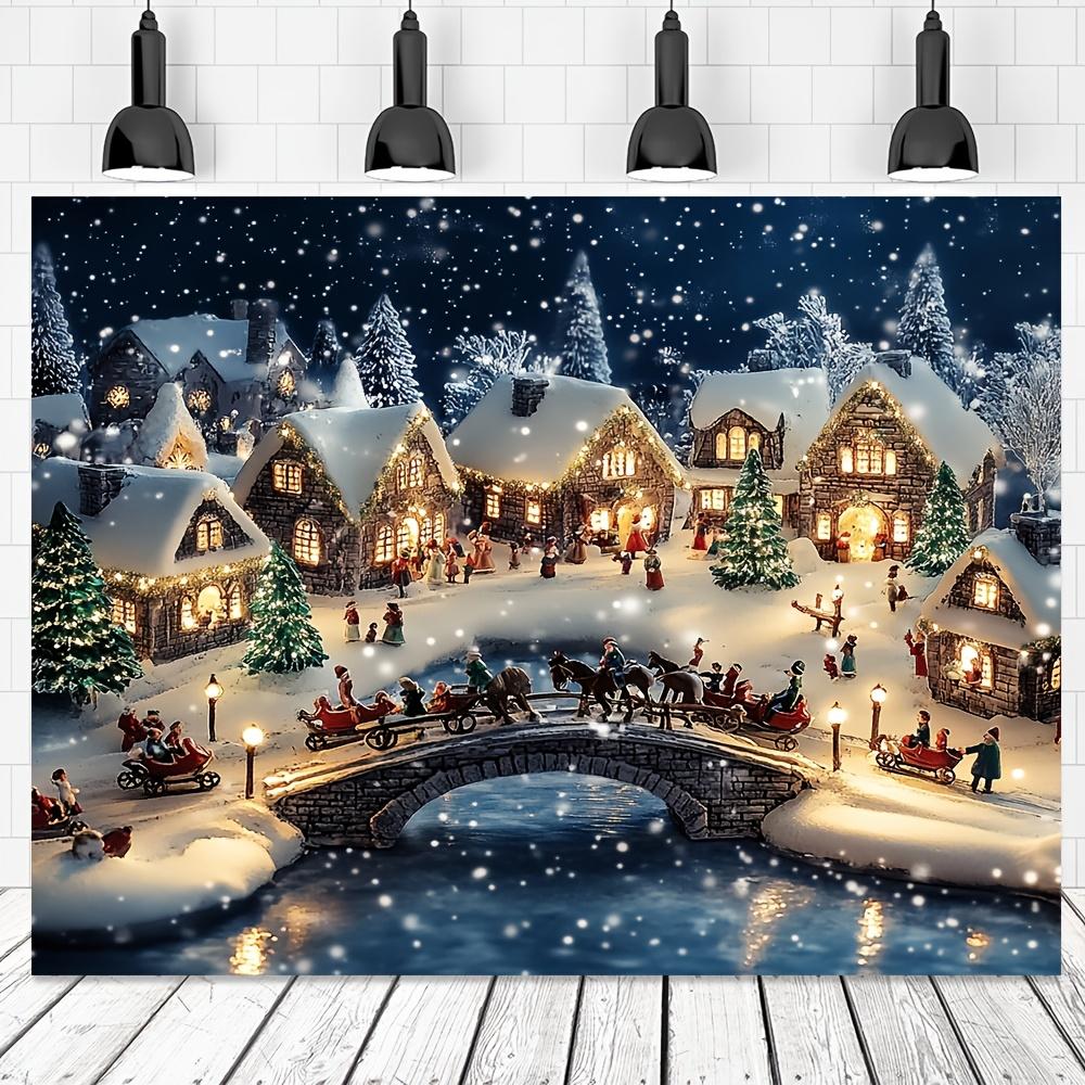 One huge winter village Christmas banner - Snowy night scene, glowing houses, sleds and snowmen - Christmas background cloth