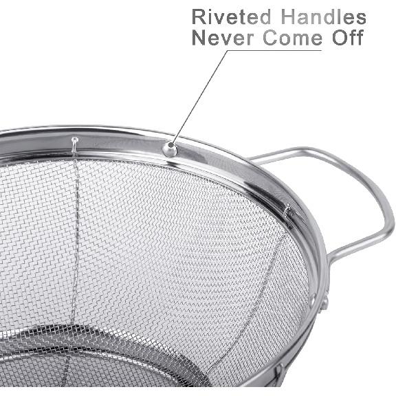 3 Pack 18/8 Stainless Steel Colander Sieves(5-Quart, 4-Quart and 3-Quart), Mesh Strainer Net Baskets with Handles & Resting Base for Strain, Drain,