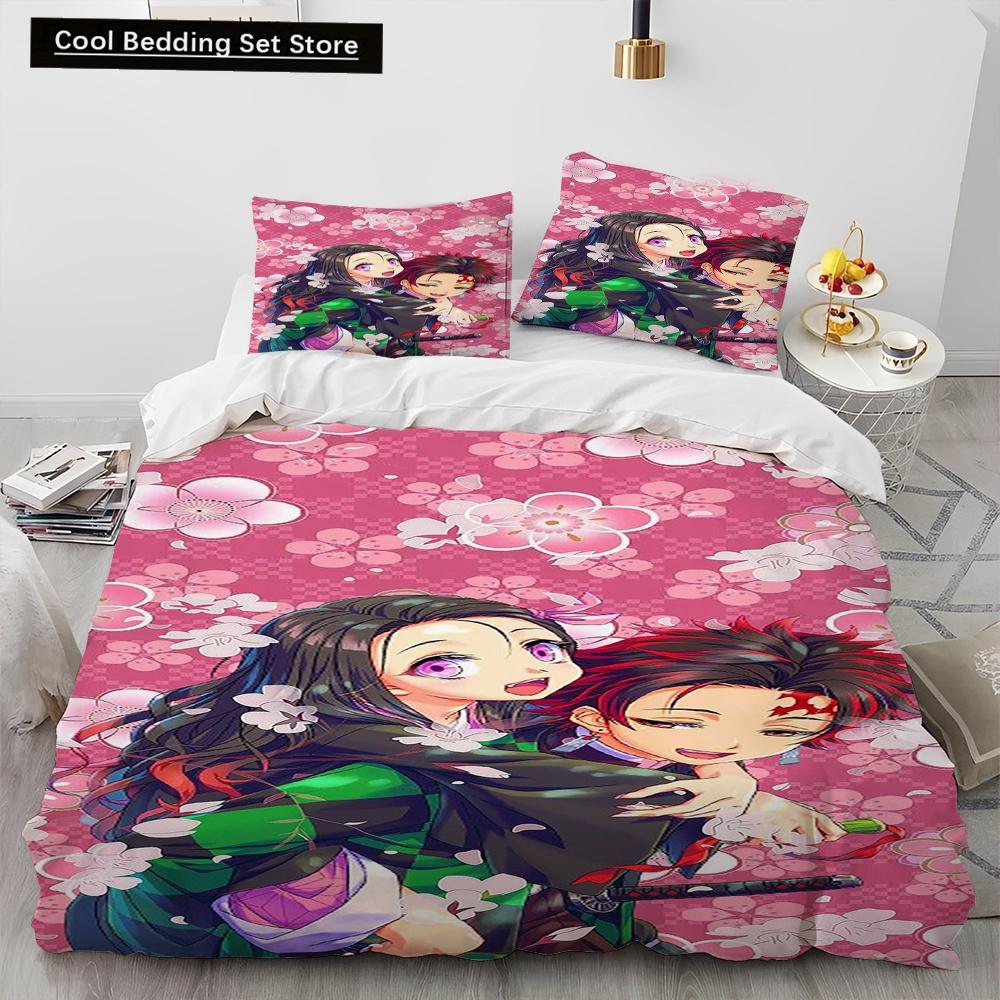 Demon Slayer Bedding Set Kamado Nezuko Duvet Cover Set Bedspread Pillowcase King Queen Full Single Size Bed Linen Kids Teen Gift