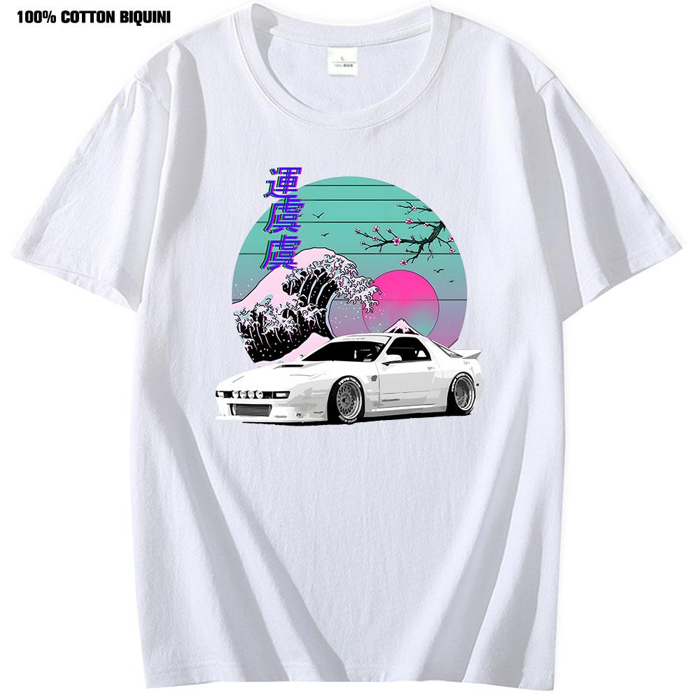 Anime T-shirt För Japansk Vaporwave JDM Legendbil RX7 Tryck T-shirts Harajuku Japanska Bilar Herr 100% Bomull Klassisk T-shirt