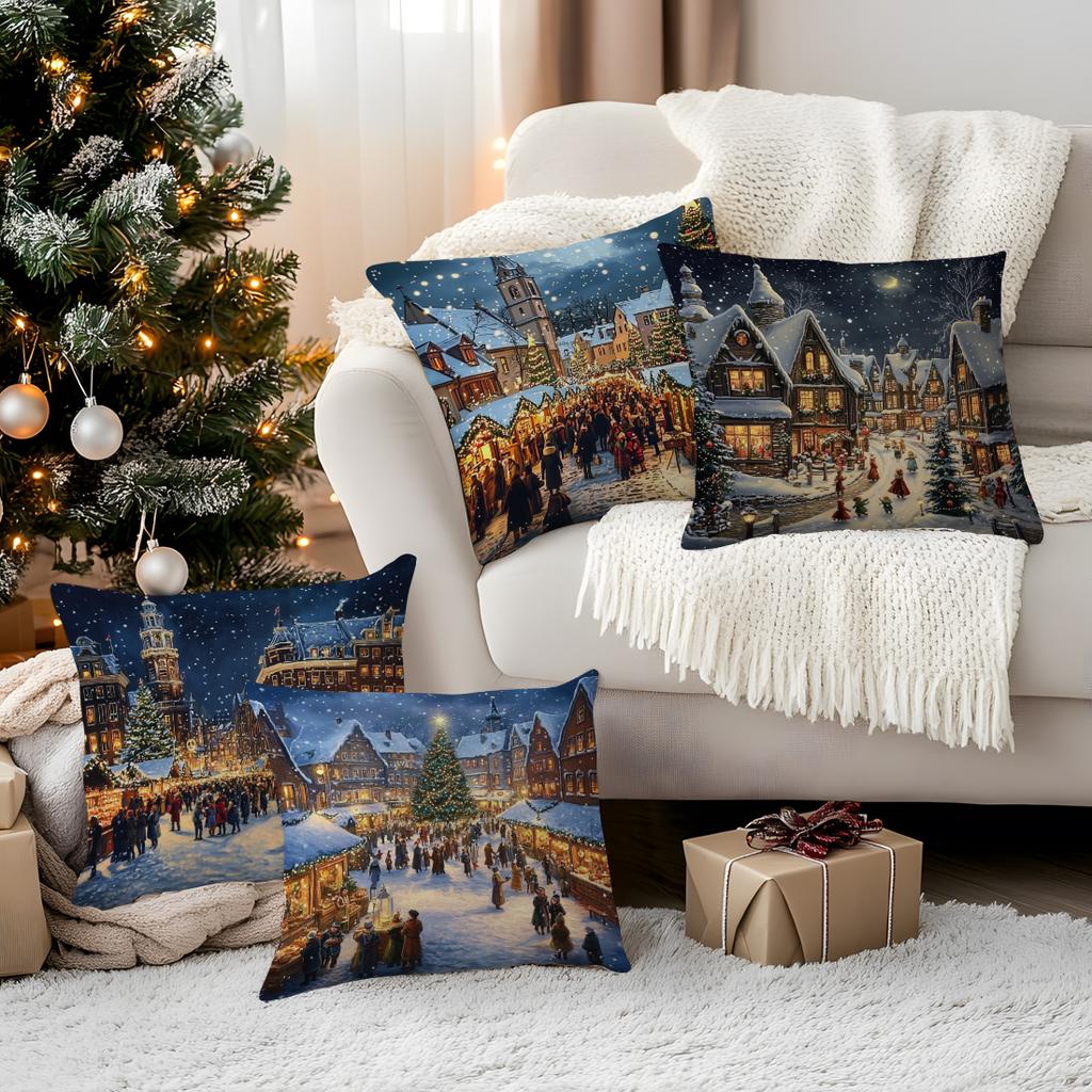 Christmas City Night View Cushions Pillowcase Polyester Cushion Cover Throw Pillow Pillowcover Home Car Sofa Decor