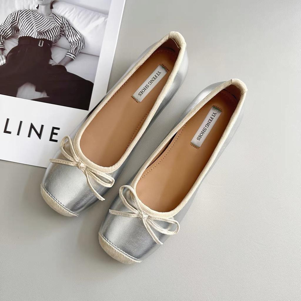 Inner Height Increase of 5 Cm~ Sweet Square Round Head Small Man Silver Light Mouth Bow Ballet Shoes Single Shoes