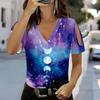 Women V Neck Cold Shoulder Blouse Black Background Colorful Star Print Short Sleeve Top