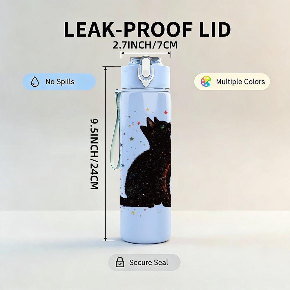 1PC Single Black Cat Silhouette Standing Print 750ml Color Plastic Sports Water Bottle Leakproof Flip Straw Lid Suitable for Sports Office Home Use