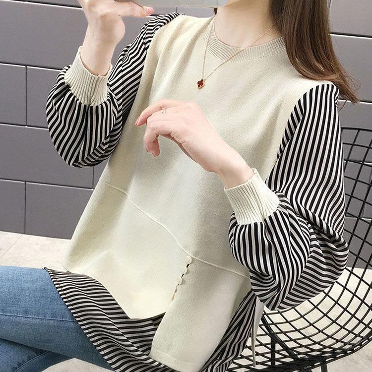 Blusa de dos piezas falsa de moda coreana para otoño e invierno, blusa informal de mujer con cuello redondo y manga larga con retazos