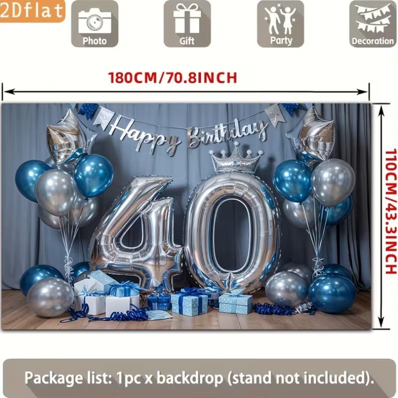 2D Blue Silver 40th Birthday Photography Backdrop Crown & Balloon Party Background
