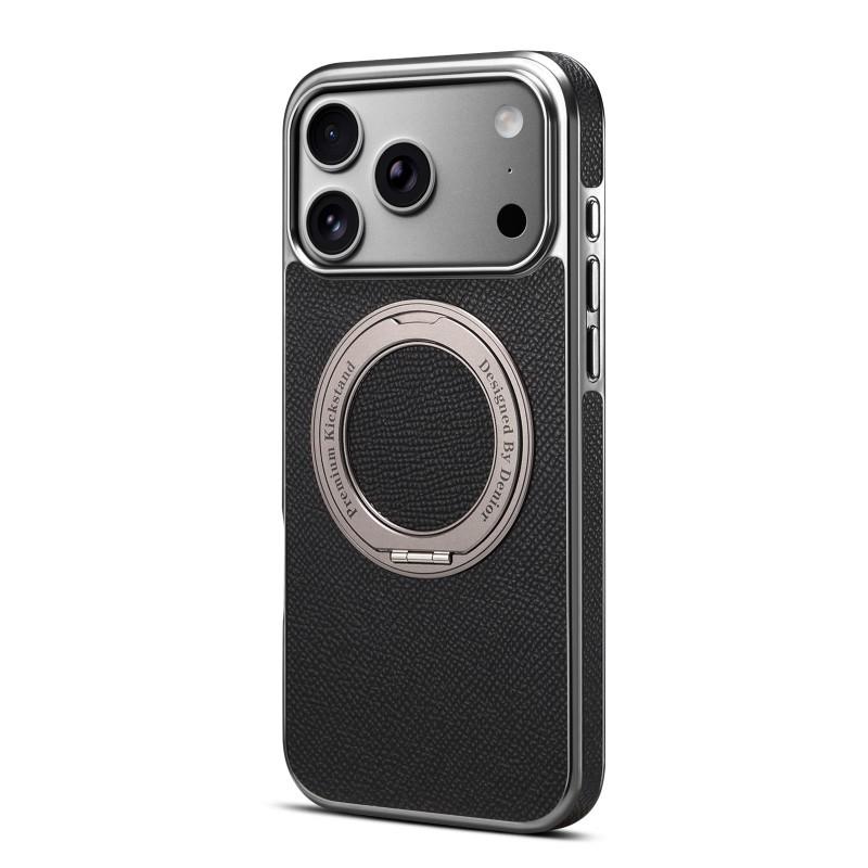 Genuine Leather IPhone 18 Pro Max Case With Magnetic Snap Rotating 17-Gear Stand Electroplated Finish Slim Protective Cover