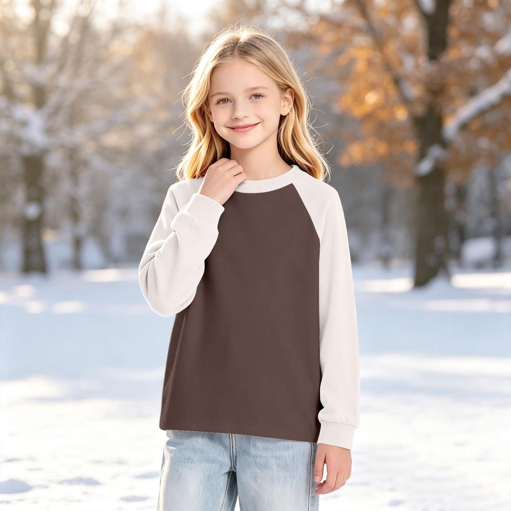 Boys Girls Youth Long Sleeve Raglan T-Shirt, Color Neck Base Layer for Kids